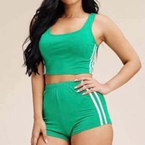 Green with white striped 2 piece shorts and tank